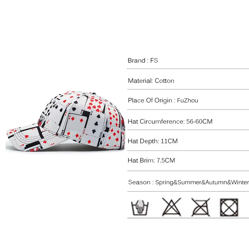 2025 White Poker Print Baseball Caps for Men Outdoor Travel Women Hat Sunshade Street Snapback Hip Hop Cap Gorras Hombre