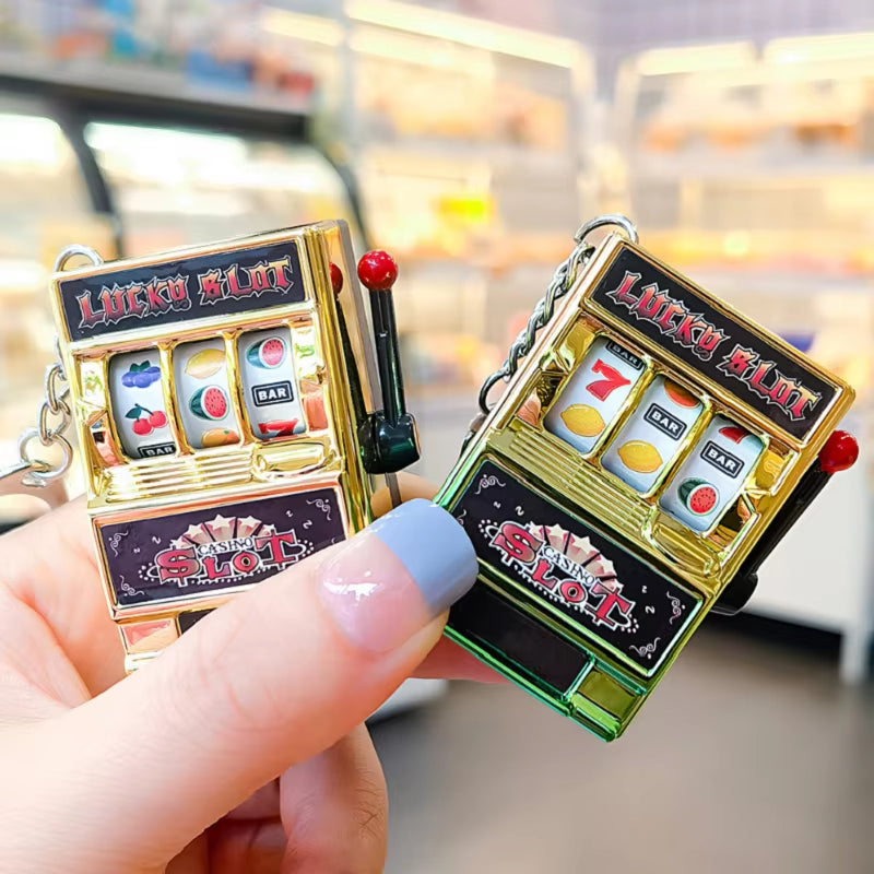 Funny Mini Slot Machine Keychain Luck Fruit Slot Gaming Machine Toy Keyring Lotto Game Bingo for Kid Cool Bag Pendant Charm Gift