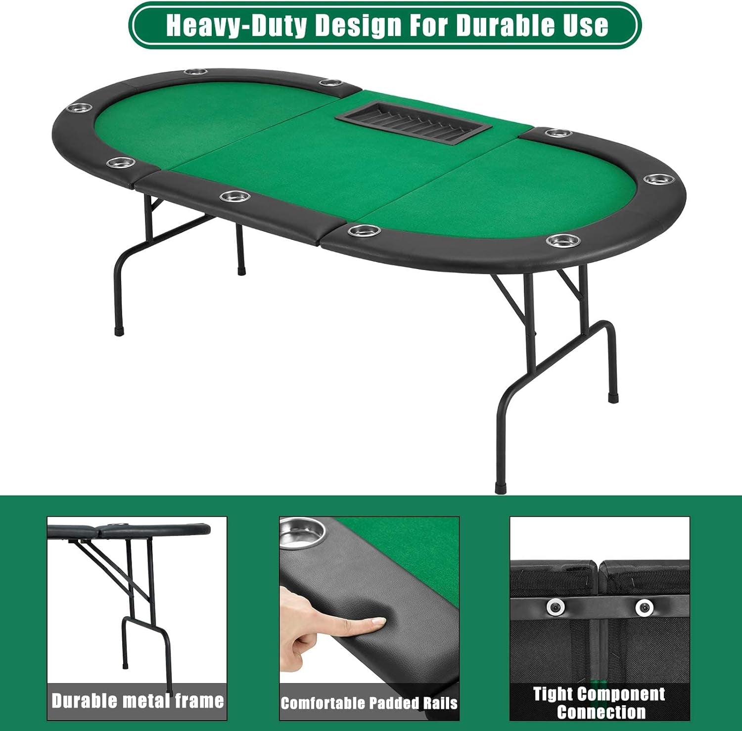 Poker Table W/Stainless Steel Cup Holder for 10 Player W/Leg, Texas Hold 'Em Poker Play Table Casino Leisure Table Top, Green Felt