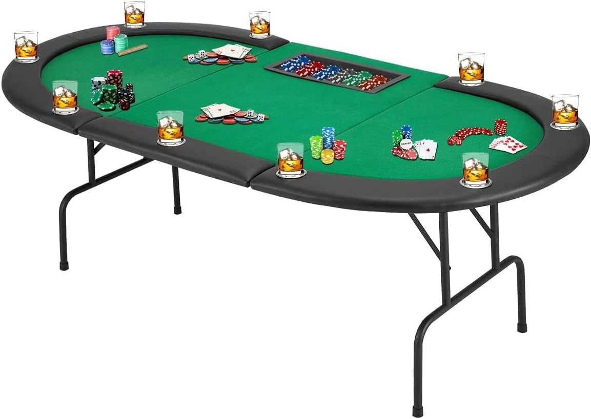 Poker Table W/Stainless Steel Cup Holder for 10 Player W/Leg, Texas Hold 'Em Poker Play Table Casino Leisure Table Top, Green Felt