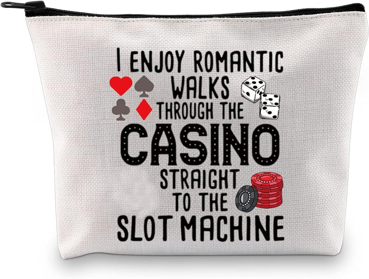 Funny Gambler Gift Idea Casino Lovers Makeup Bag Slot Machine Casino Gambling Accessories Pouch Bag (I Enjoy Romantic Walks)