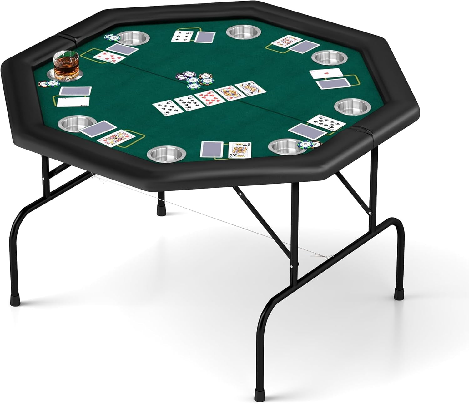 Foldable Poker Table, Octagon Card Table W/Stainless Steel Cup Holder,Casino Leisure Table Top Texas Hold 'Em Poker Table for Blackjack Board Game,Green Speed Felt