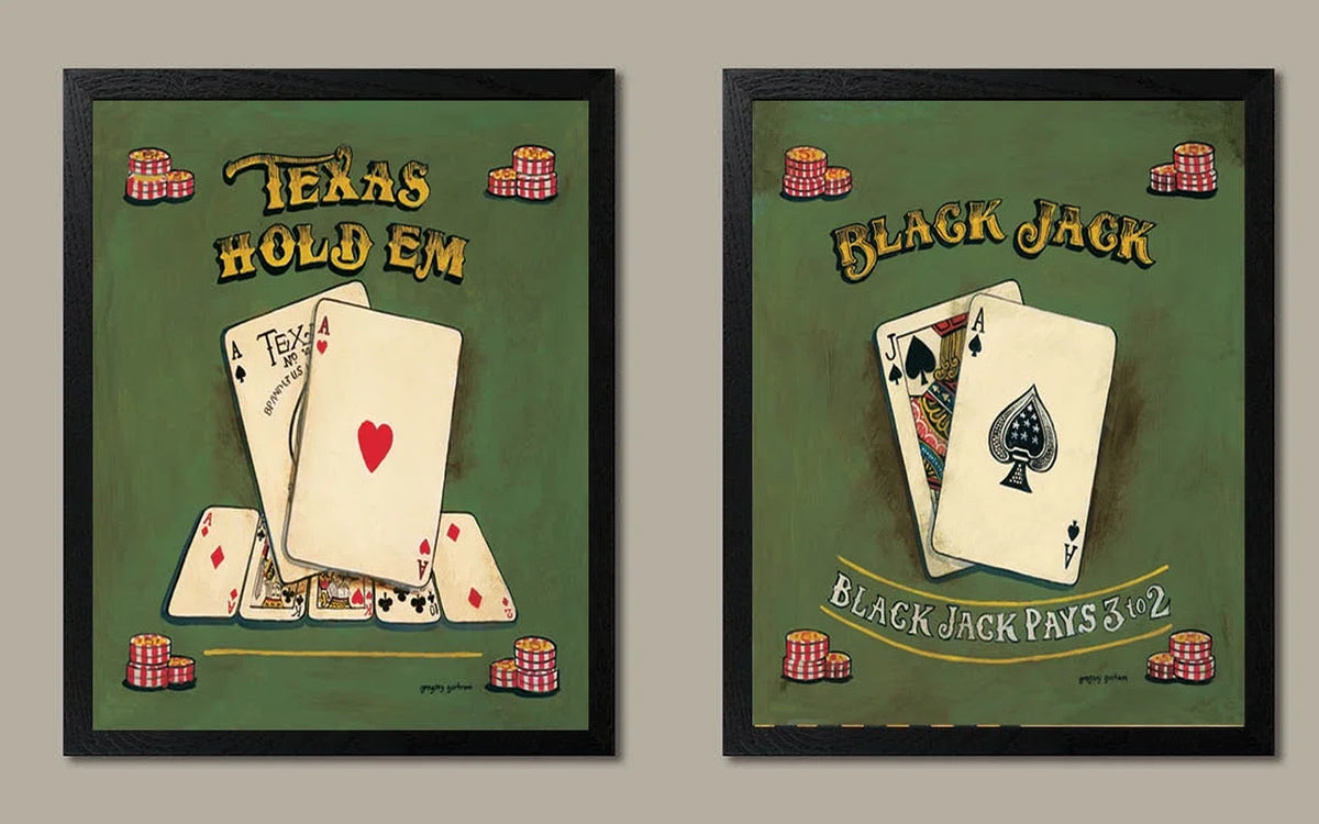 Framed Texas Hold Em Retro Poker and Blackjack Sign; Two 12X12 Framed Poster