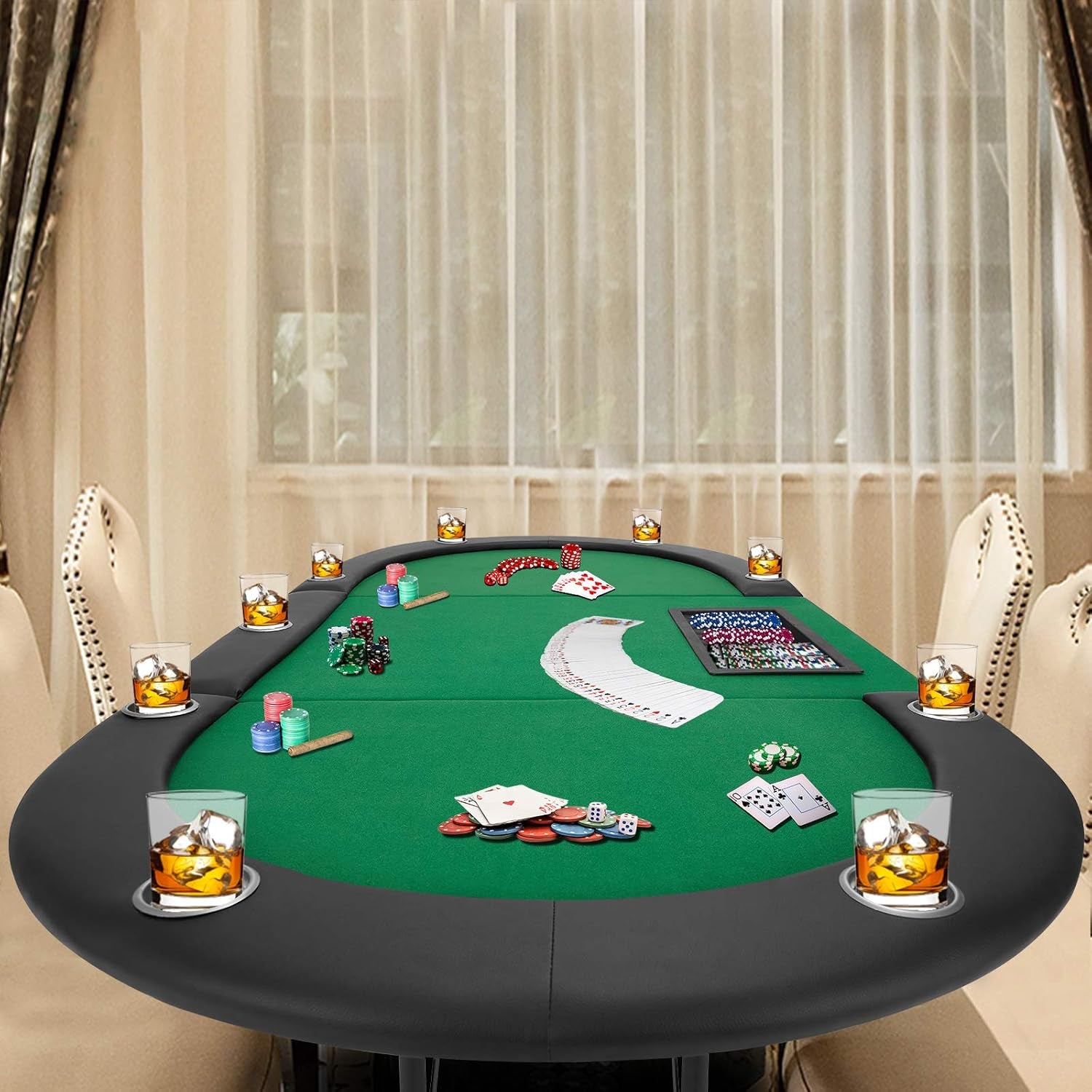 Poker Table W/Stainless Steel Cup Holder for 10 Player W/Leg, Texas Hold 'Em Poker Play Table Casino Leisure Table Top, Green Felt