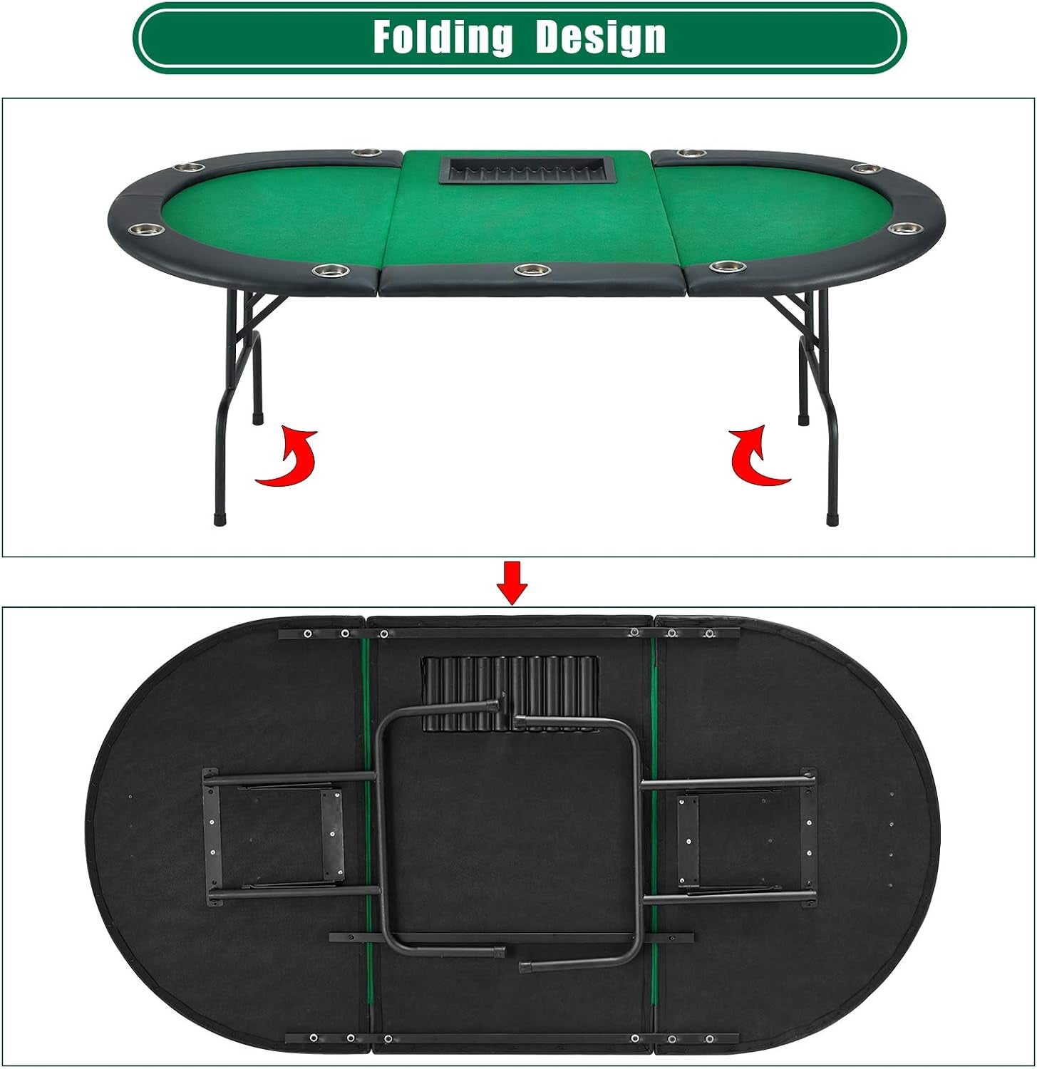 Poker Table W/Stainless Steel Cup Holder for 10 Player W/Leg, Texas Hold 'Em Poker Play Table Casino Leisure Table Top, Green Felt