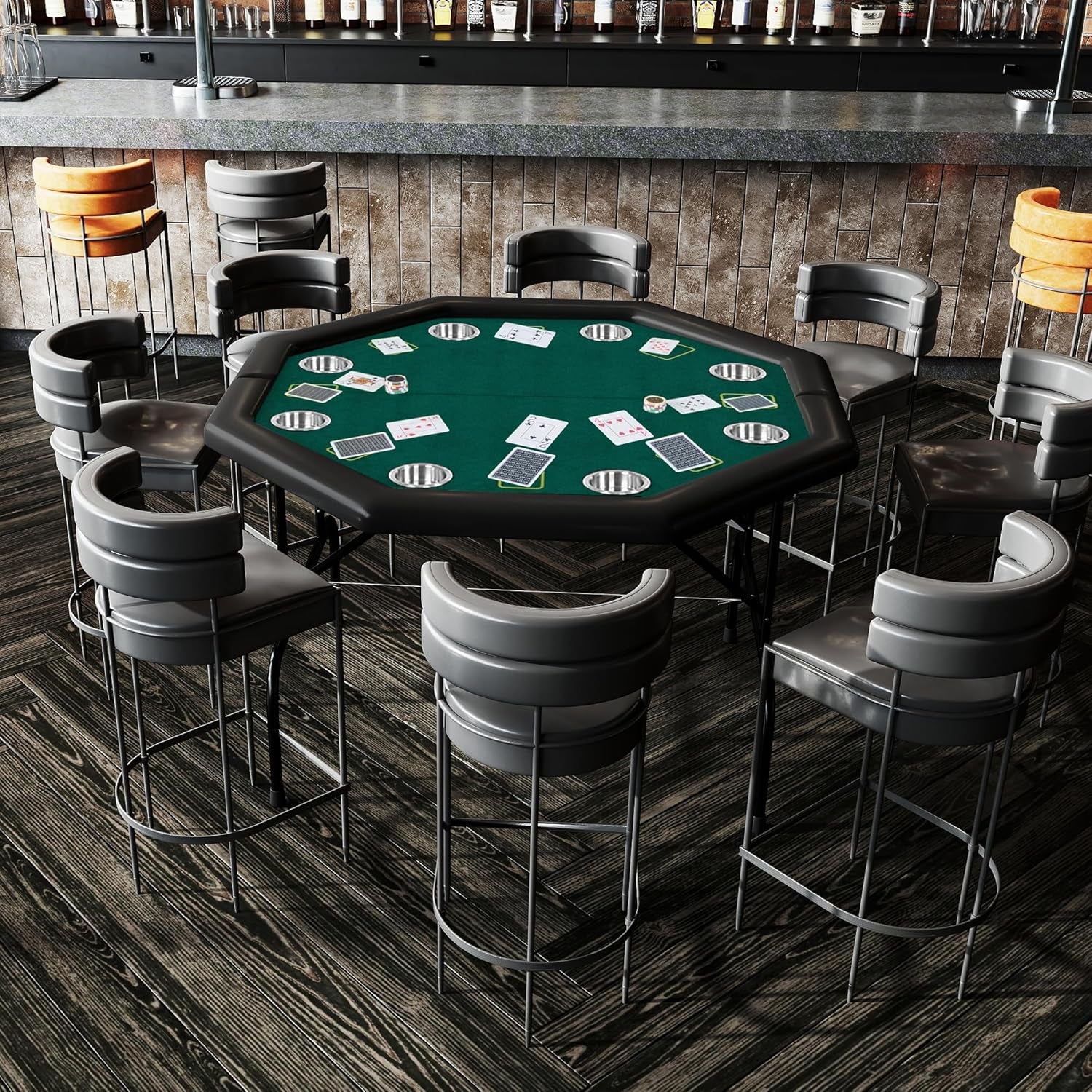 Foldable Poker Table, Octagon Card Table W/Stainless Steel Cup Holder,Casino Leisure Table Top Texas Hold 'Em Poker Table for Blackjack Board Game,Green Speed Felt