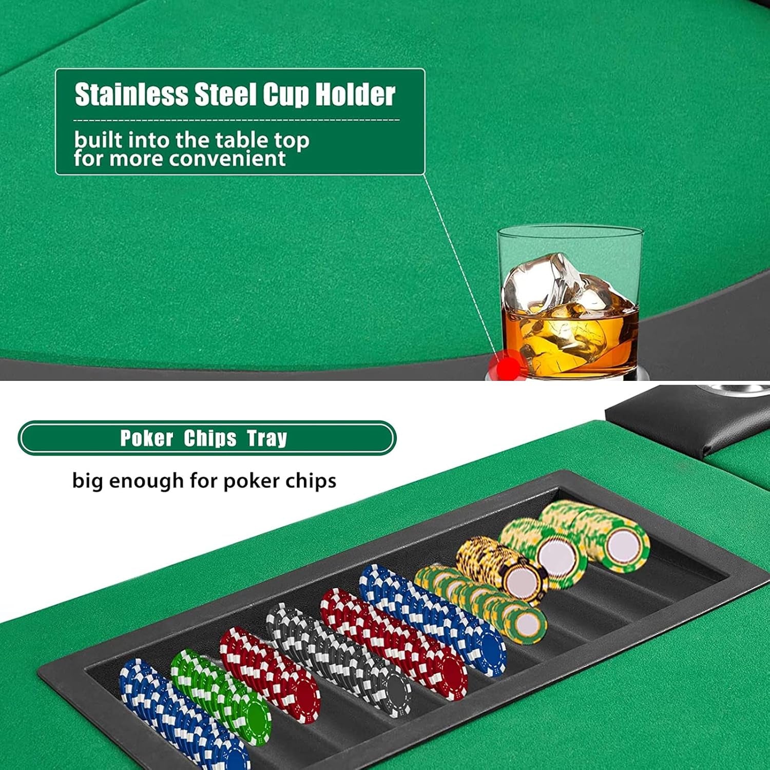 Poker Table W/Stainless Steel Cup Holder for 10 Player W/Leg, Texas Hold 'Em Poker Play Table Casino Leisure Table Top, Green Felt